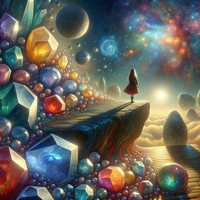The primary subject of the image is a young girl standing on a cliff, overlooking a beautiful landscape filled with colorful crystals and spheres. The setting is a vibrant and imaginative world, with a backdrop of a starry sky. The visual style is a digital art or illustration, creating a surreal and fantastical atmosphere. The colors and mood are predominantly bright and lively, with a sense of wonder and adventure.